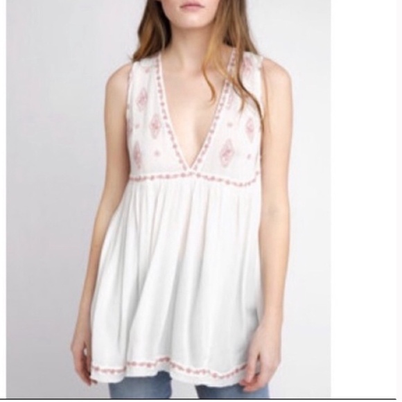 Free People Boho Y2k babydoll top White pink Rose Embroidered Flowers festival - Picture 1 of 16